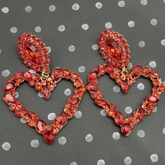 NEW BLING HEART RHINESTONE DANGLE STUD EARRINGS VALENTINE'S DAY - Picture 1 of 9